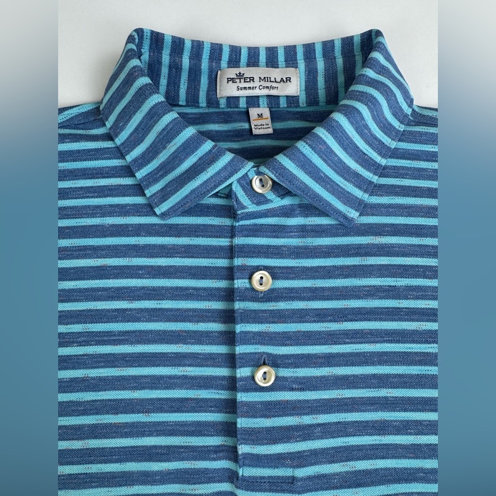 Peter Millar Summer Comfort Polo Medium Men Shirt Blue Striped Wicking Golf Euc